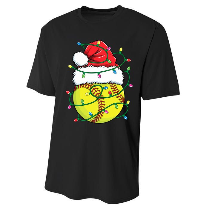 Funny Christmas Softball Santa Hat Wo Girl Xmas Lights Performance Sprint T-Shirt