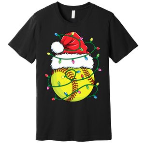 Funny Christmas Softball Santa Hat Wo Girl Xmas Lights Premium T-Shirt