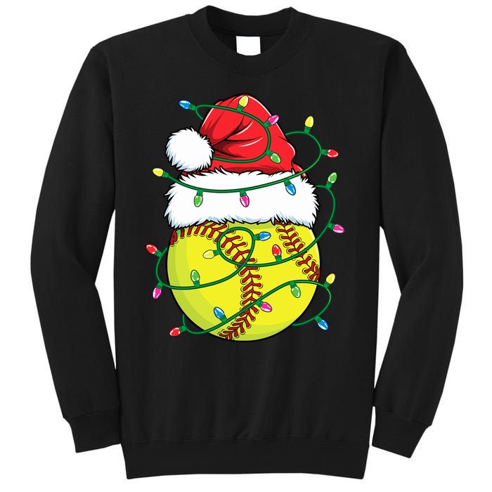 Funny Christmas Softball Santa Hat Wo Girl Xmas Lights Tall Sweatshirt