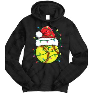 Funny Christmas Softball Santa Hat Wo Girl Xmas Lights Tie Dye Hoodie