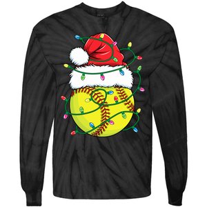 Funny Christmas Softball Santa Hat Wo Girl Xmas Lights Tie-Dye Long Sleeve Shirt