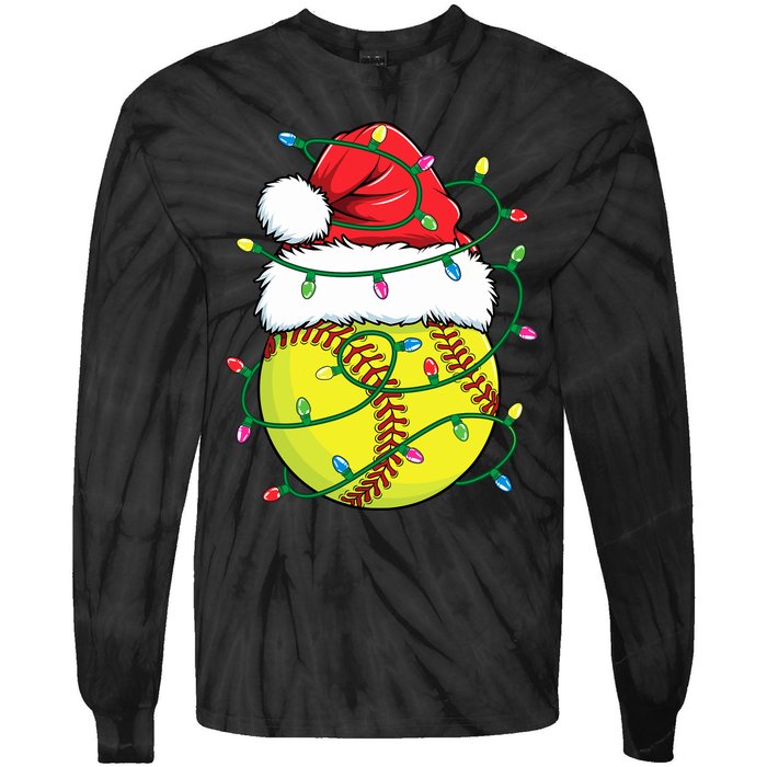 Funny Christmas Softball Santa Hat Wo Girl Xmas Lights Tie-Dye Long Sleeve Shirt