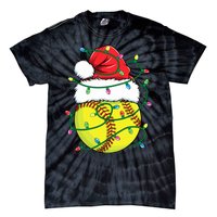 Funny Christmas Softball Santa Hat Wo Girl Xmas Lights Tie-Dye T-Shirt