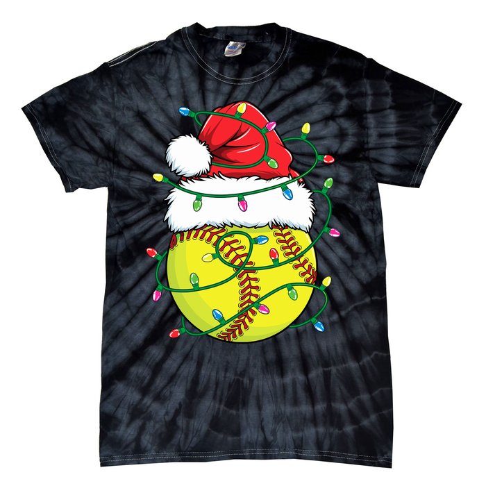 Funny Christmas Softball Santa Hat Wo Girl Xmas Lights Tie-Dye T-Shirt