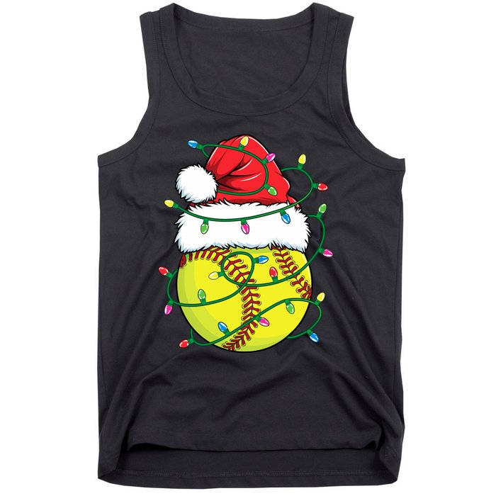 Funny Christmas Softball Santa Hat Wo Girl Xmas Lights Tank Top