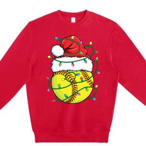 Funny Christmas Softball Santa Hat Wo Girl Xmas Lights Premium Crewneck Sweatshirt