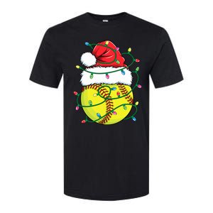 Funny Christmas Softball Santa Hat Wo Girl Xmas Lights Softstyle CVC T-Shirt