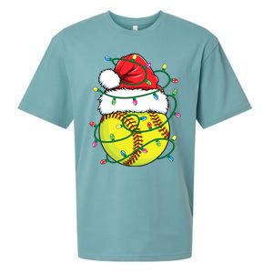 Funny Christmas Softball Santa Hat Wo Girl Xmas Lights Sueded Cloud Jersey T-Shirt