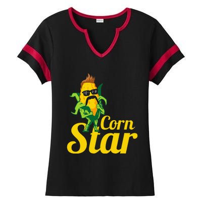 Funny Corn Star Sunglasses Mustache Maize Ladies Halftime Notch Neck Tee