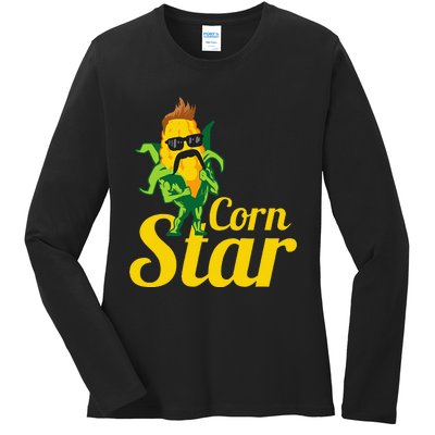 Funny Corn Star Sunglasses Mustache Maize Ladies Long Sleeve Shirt