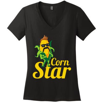 Funny Corn Star Sunglasses Mustache Maize Women's V-Neck T-Shirt