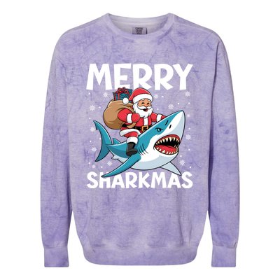 Funny Christmas Snowflakes Merry Sharkmas Santa Riding Shark Colorblast Crewneck Sweatshirt