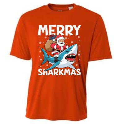 Funny Christmas Snowflakes Merry Sharkmas Santa Riding Shark Cooling Performance Crew T-Shirt