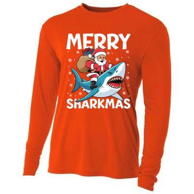 Funny Christmas Snowflakes Merry Sharkmas Santa Riding Shark Cooling Performance Long Sleeve Crew