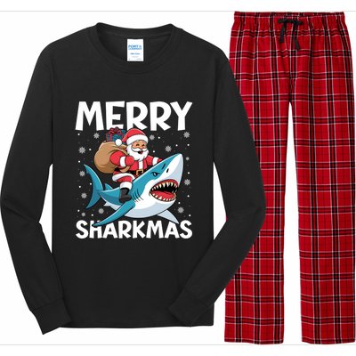 Funny Christmas Snowflakes Merry Sharkmas Santa Riding Shark Long Sleeve Pajama Set