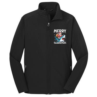 Funny Christmas Snowflakes Merry Sharkmas Santa Riding Shark Core Soft Shell Jacket