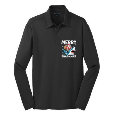 Funny Christmas Snowflakes Merry Sharkmas Santa Riding Shark Silk Touch Performance Long Sleeve Polo