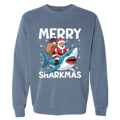 Funny Christmas Snowflakes Merry Sharkmas Santa Riding Shark Garment-Dyed Sweatshirt