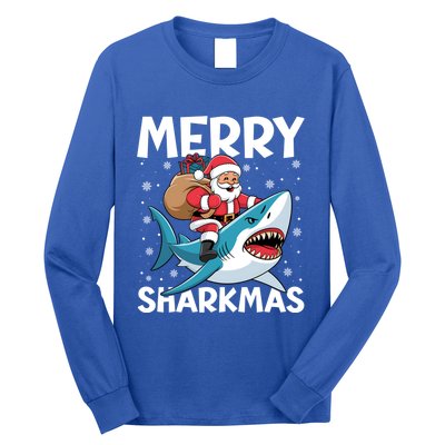 Funny Christmas Snowflakes Merry Sharkmas Santa Riding Shark Long Sleeve Shirt