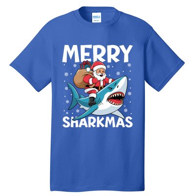 Funny Christmas Snowflakes Merry Sharkmas Santa Riding Shark Tall T-Shirt