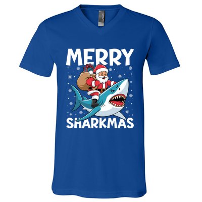 Funny Christmas Snowflakes Merry Sharkmas Santa Riding Shark V-Neck T-Shirt