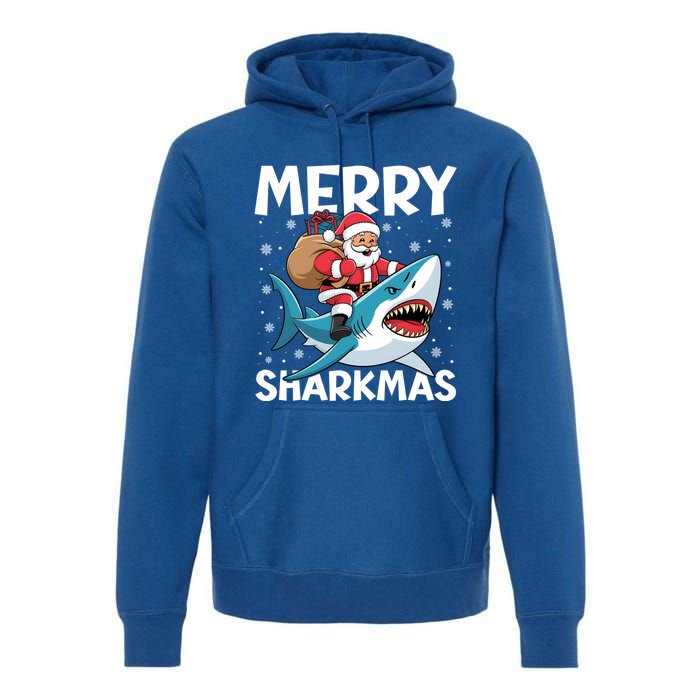 Funny Christmas Snowflakes Merry Sharkmas Santa Riding Shark Premium Hoodie