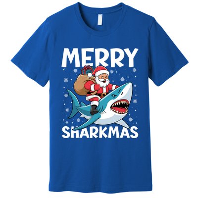 Funny Christmas Snowflakes Merry Sharkmas Santa Riding Shark Premium T-Shirt