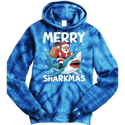 Funny Christmas Snowflakes Merry Sharkmas Santa Riding Shark Tie Dye Hoodie