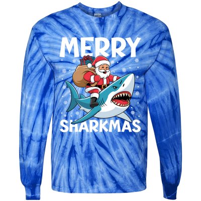 Funny Christmas Snowflakes Merry Sharkmas Santa Riding Shark Tie-Dye Long Sleeve Shirt