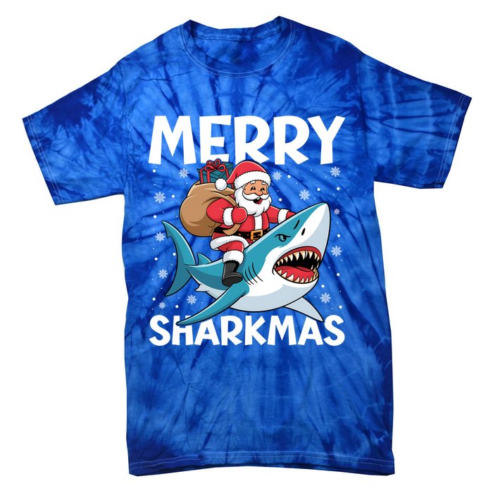 Funny Christmas Snowflakes Merry Sharkmas Santa Riding Shark Tie-Dye T-Shirt