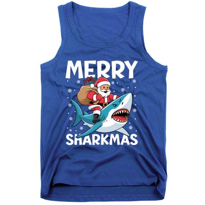 Funny Christmas Snowflakes Merry Sharkmas Santa Riding Shark Tank Top