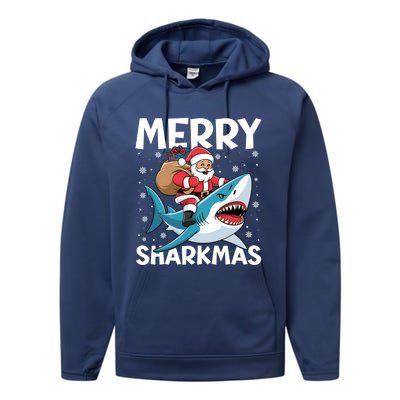 Funny Christmas Snowflakes Merry Sharkmas Santa Riding Shark Performance Fleece Hoodie