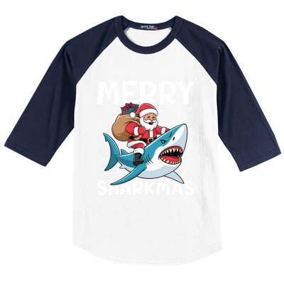 Funny Christmas Snowflakes Merry Sharkmas Santa Riding Shark Baseball Sleeve Shirt