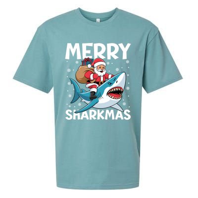 Funny Christmas Snowflakes Merry Sharkmas Santa Riding Shark Sueded Cloud Jersey T-Shirt