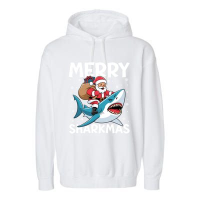 Funny Christmas Snowflakes Merry Sharkmas Santa Riding Shark Garment-Dyed Fleece Hoodie