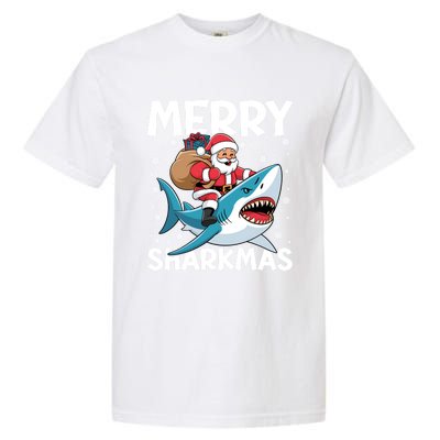 Funny Christmas Snowflakes Merry Sharkmas Santa Riding Shark Garment-Dyed Heavyweight T-Shirt