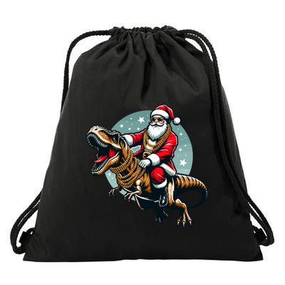 Funny Cartoon Santa Trex Dinosaur Christmas Gift Drawstring Bag