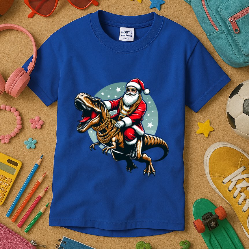 Funny Cartoon Santa Trex Dinosaur Christmas Gift Kids T-Shirt