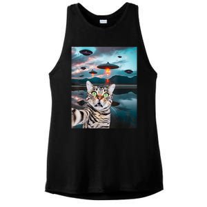 Funny Cat Selfie With Ufos Cute Alien Cat In The Cap Ladies PosiCharge Tri-Blend Wicking Tank