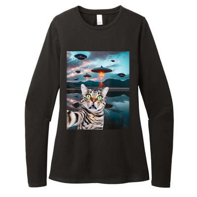 Funny Cat Selfie With Ufos Cute Alien Cat In The Cap Womens CVC Long Sleeve Shirt