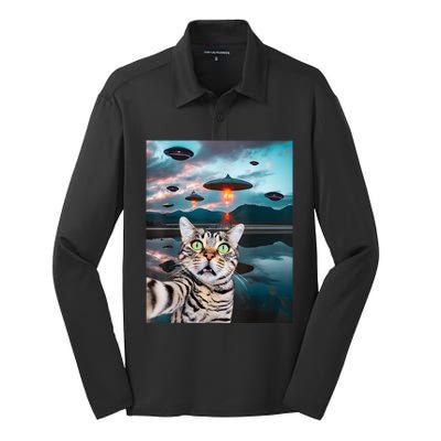 Funny Cat Selfie With Ufos Cute Alien Cat In The Cap Silk Touch Performance Long Sleeve Polo