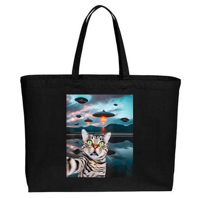 Funny Cat Selfie With Ufos Cute Alien Cat In The Cap Cotton Canvas Jumbo Tote