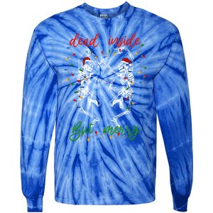 Funny Christmas Skeletons And Bright Dead Inside But Merry Gift Tie-Dye Long Sleeve Shirt