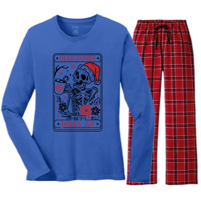 Funny Christmas Skull Dead Inside But Jolly Af Gift Women's Long Sleeve Flannel Pajama Set 