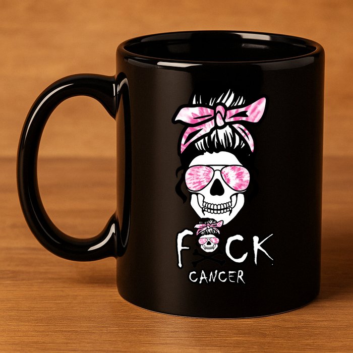 FCK Cancer Skeleton Skull Pink 11oz C Handle Ceramic Mug
