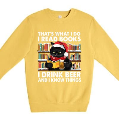 Funny Christmas Santa Cat Read Books And Beer Gift Premium Crewneck Sweatshirt