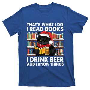 Funny Christmas Santa Cat Read Books And Beer Gift T-Shirt