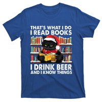 Funny Christmas Santa Cat Read Books And Beer Gift T-Shirt