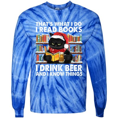 Funny Christmas Santa Cat Read Books And Beer Gift Tie-Dye Long Sleeve Shirt