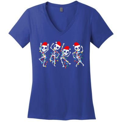 Funny Christmas Skeleton Dancing Xmas Light Music Christmas  Women's V-Neck T-Shirt